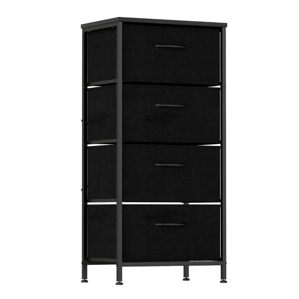 Cassettiera con 4 cassetti torre portaoggetti in tessuto con piano in legno, Cassettiera maniglie facili da tirare Nero-Comodini