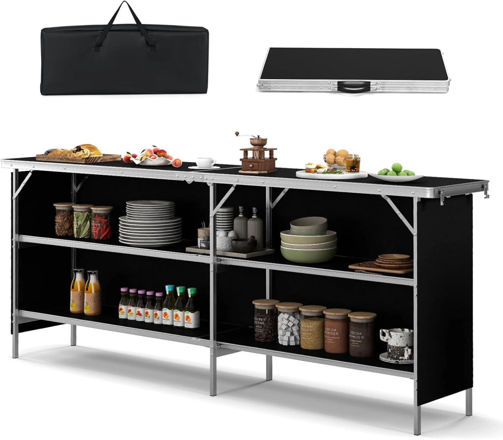 Cucina da campeggio con 3 livelli, pieghevole con borsa per il trasporto, tavolo da picnic pieghevole in alluminio, tavolo pieghevole per picnic, barbecue, feste (nero esteso)