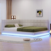 Divano letto imbottito 160x200 cm beige con LED RGB, USB e rete a doghe