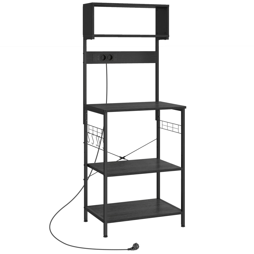 Scaffale da Cucina 60x42x153 cm con Multipresa per Microonde con Ripiani e Ganci Stile Industriale Legno e Acciaio Nero