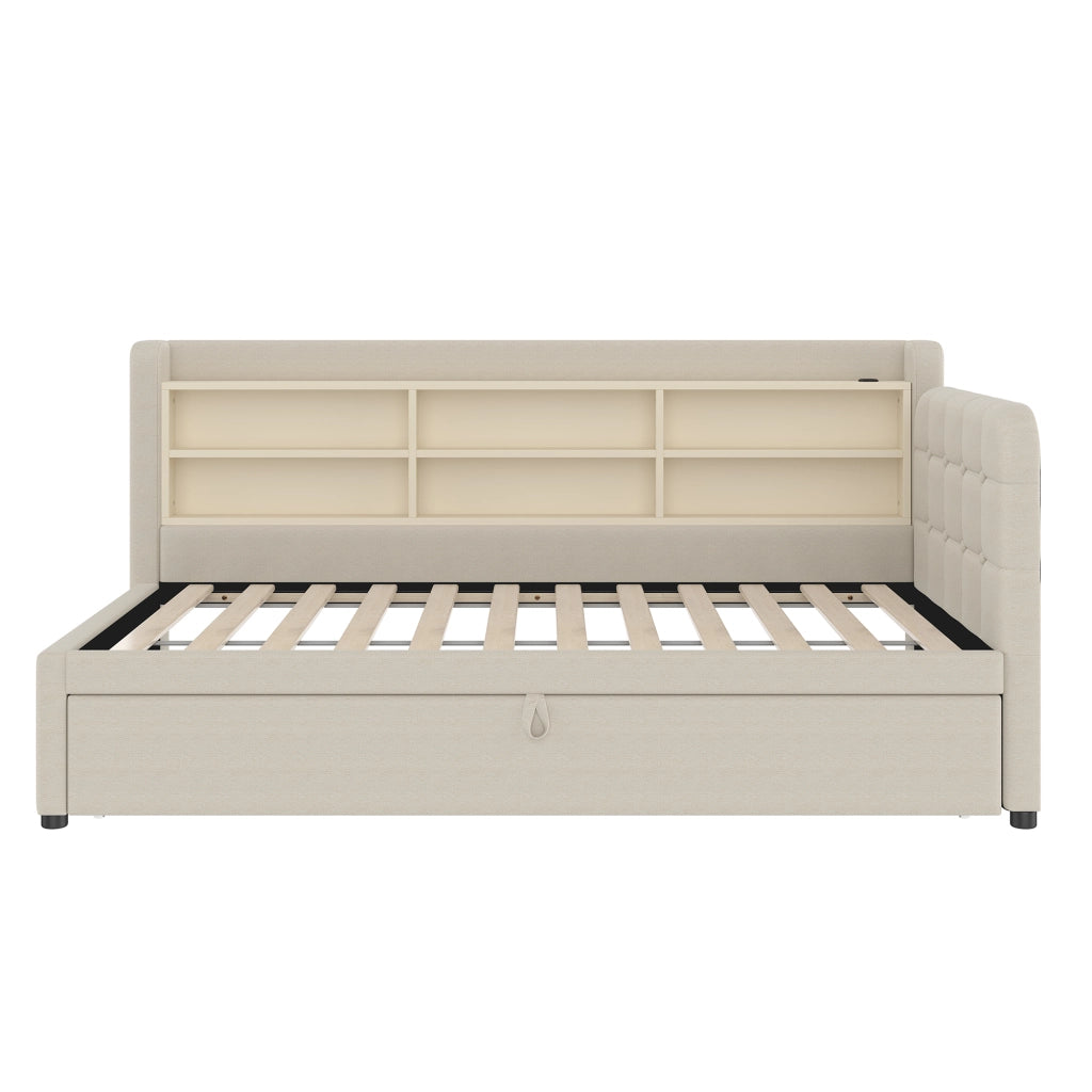 Letto estraibile singolo 90×200 cm e 90×189 cm con USB; Type-C e ripiani; senza materasso; lino; beige