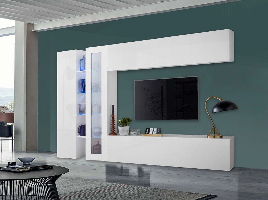 Parete Attrezzata Soggiorno 280x30x180 cm Maruska n°7 Bianco Lucido