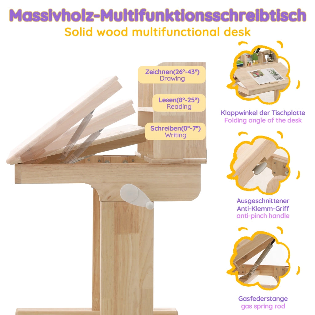 Scrivania per bambini con altezza regolabile e piano inclinabile con vani aperti in legno naturale 92,2 × 60 × 89 cm
