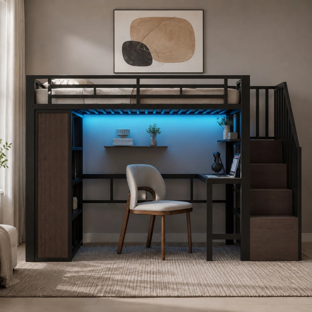 Letto a soppalco 90x200 cm con scrivania, LED e ripiani