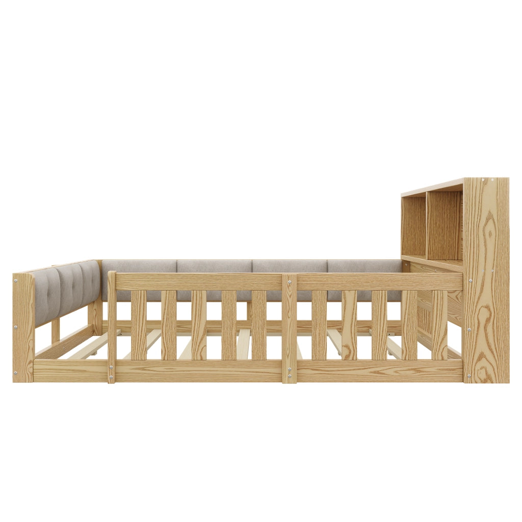 Letto per bambini 140 × 200 cm con sponde di sicurezza, testiera contenitore et LED, senza materasso, naturale