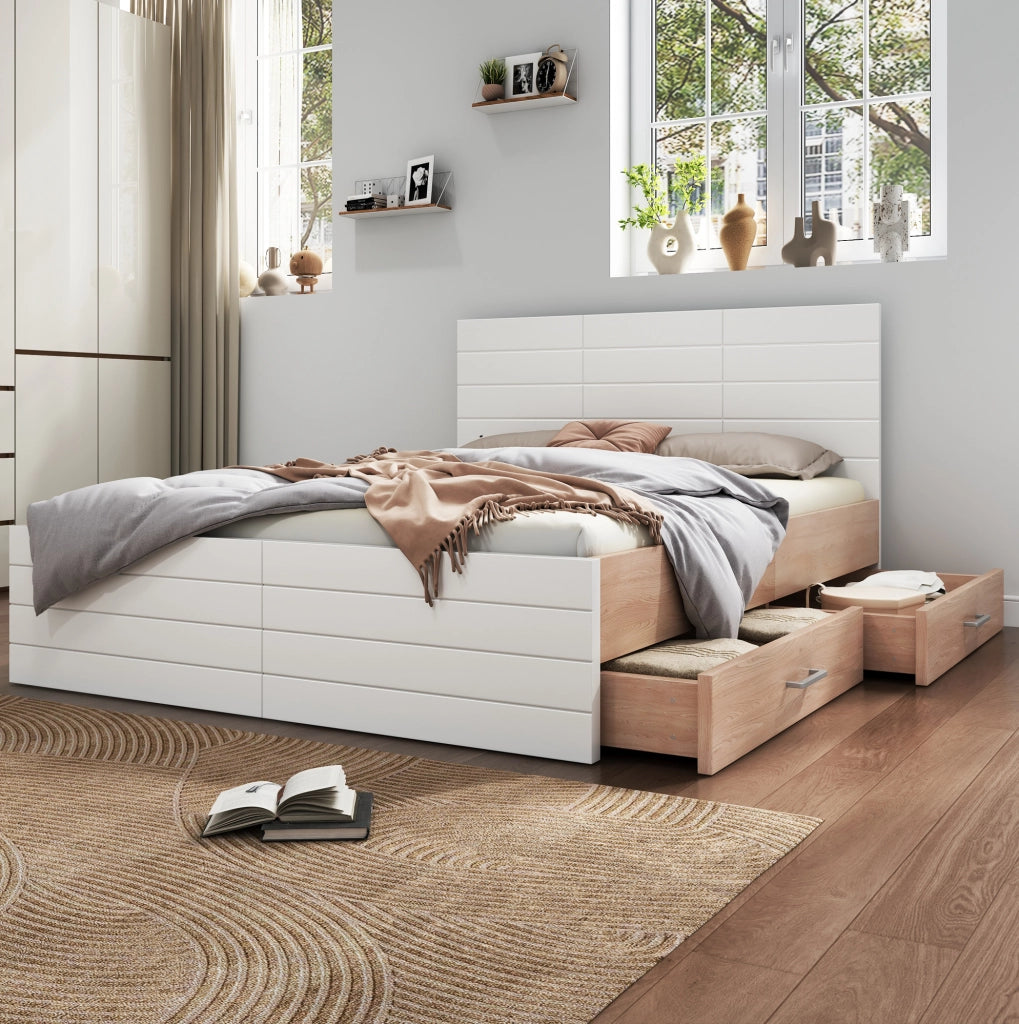 Letto matrimoniale 140x200 cm con 2 cassetti e rete a doghe; legno e MDF bianco e rovere chiaro