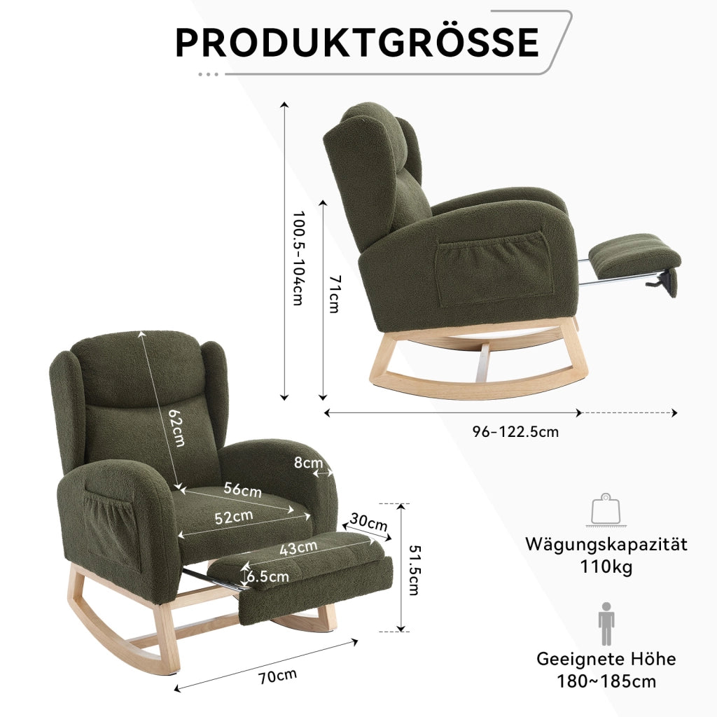 Poltrona a Dondolo con Poggiapiedi ¨C MINIMAL ¨C Tessuto Teddy, Schienale Alto, Verde