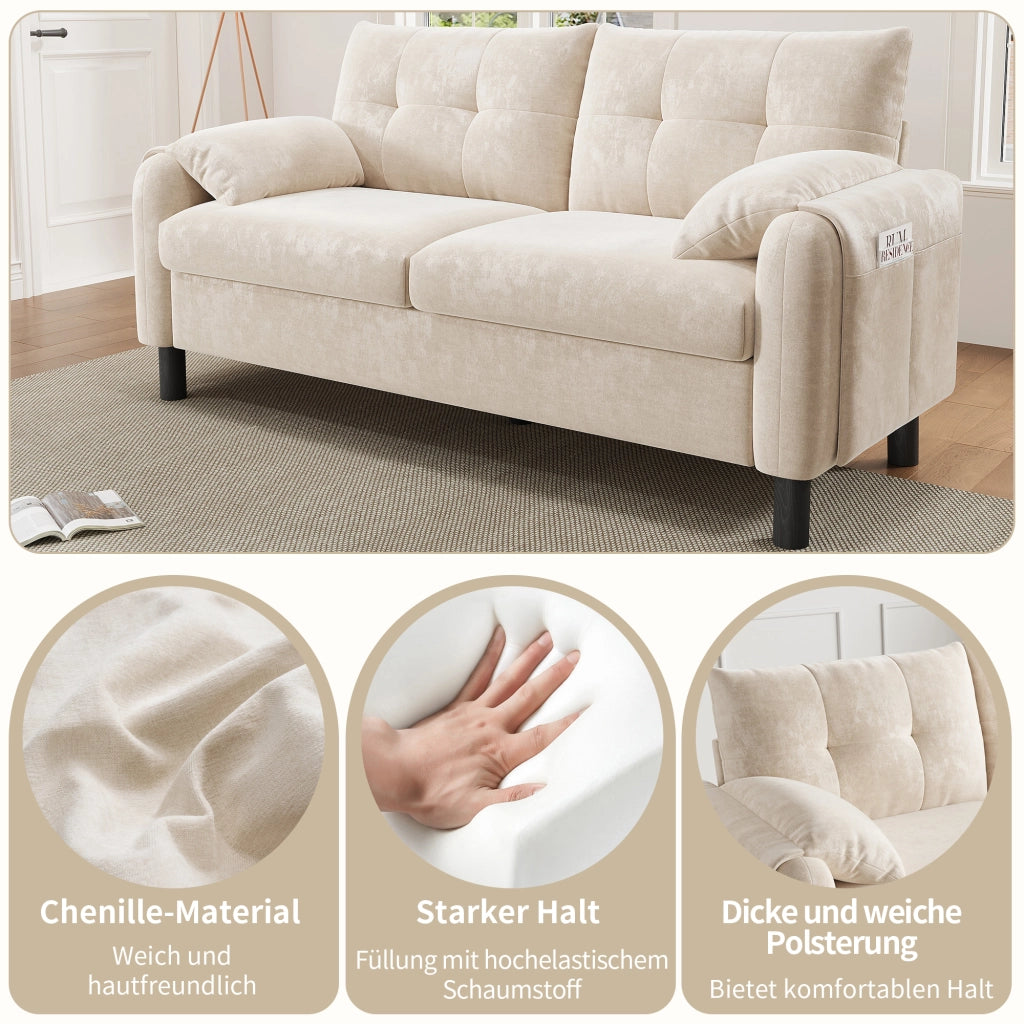 Divano a 2 posti modulare in chenille beige con tasche laterali e 2 cuscini 158 × 80 × 88.5 cm