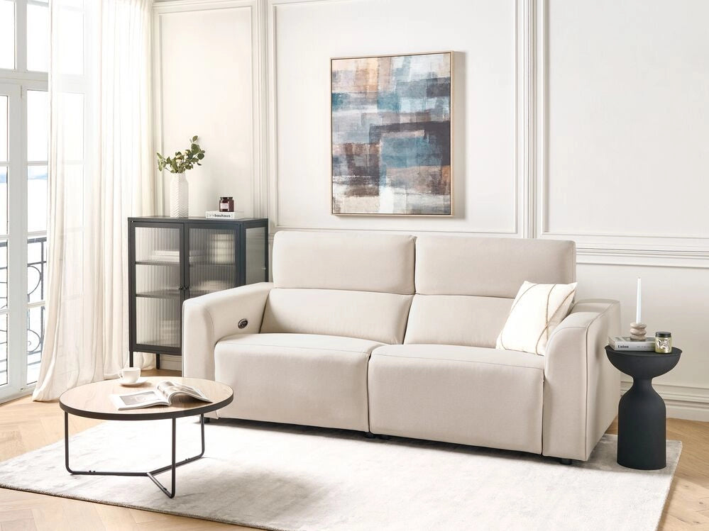 Divano elettrico reclinabile in tessuto beige chiaro a 2 posti, poggiapiedi e poggiatesta regolabili con porta USB