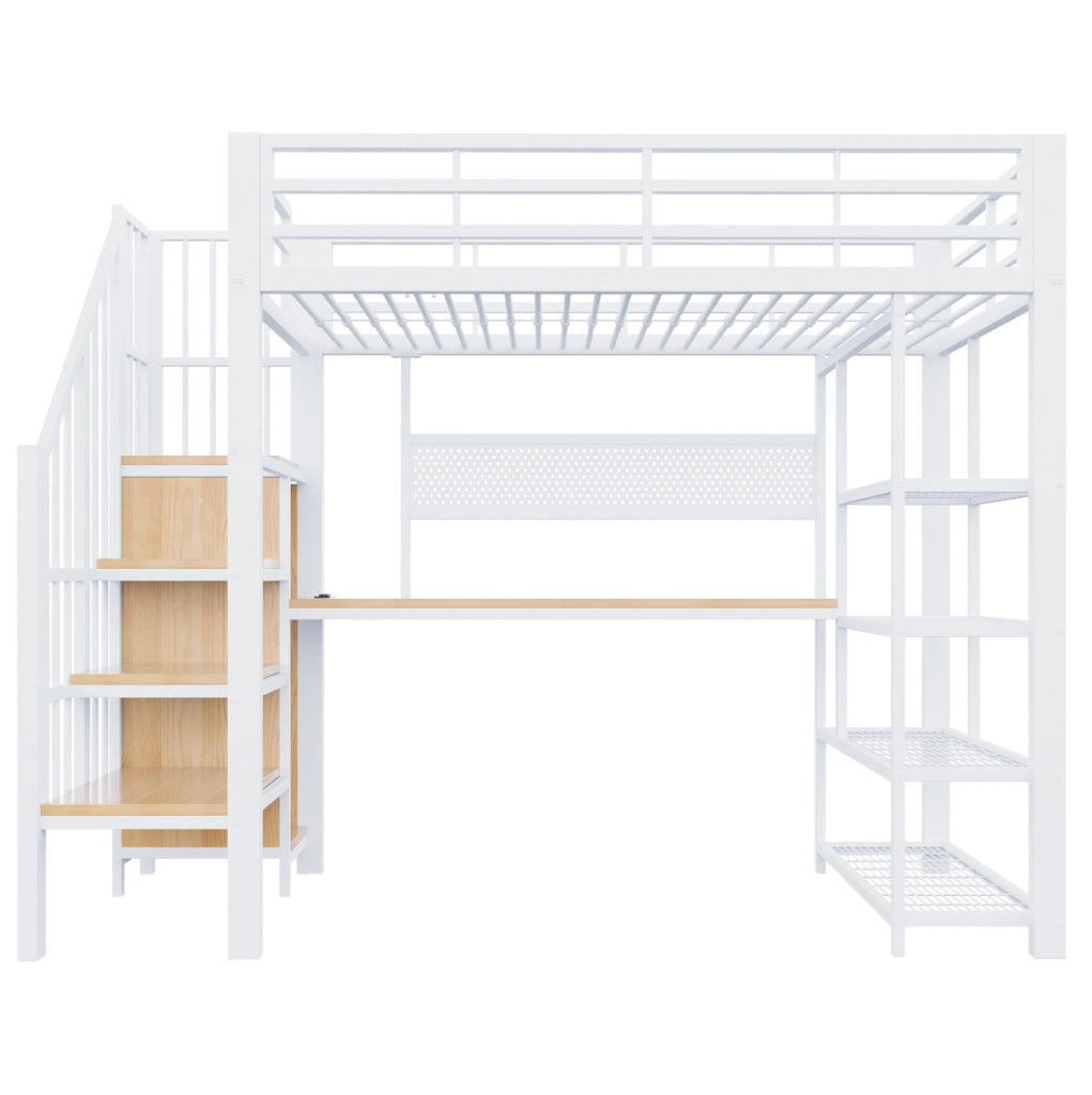 Letto a soppalco 90x200 cm con scala contenitore; LED e prese in metallo e legno bianco