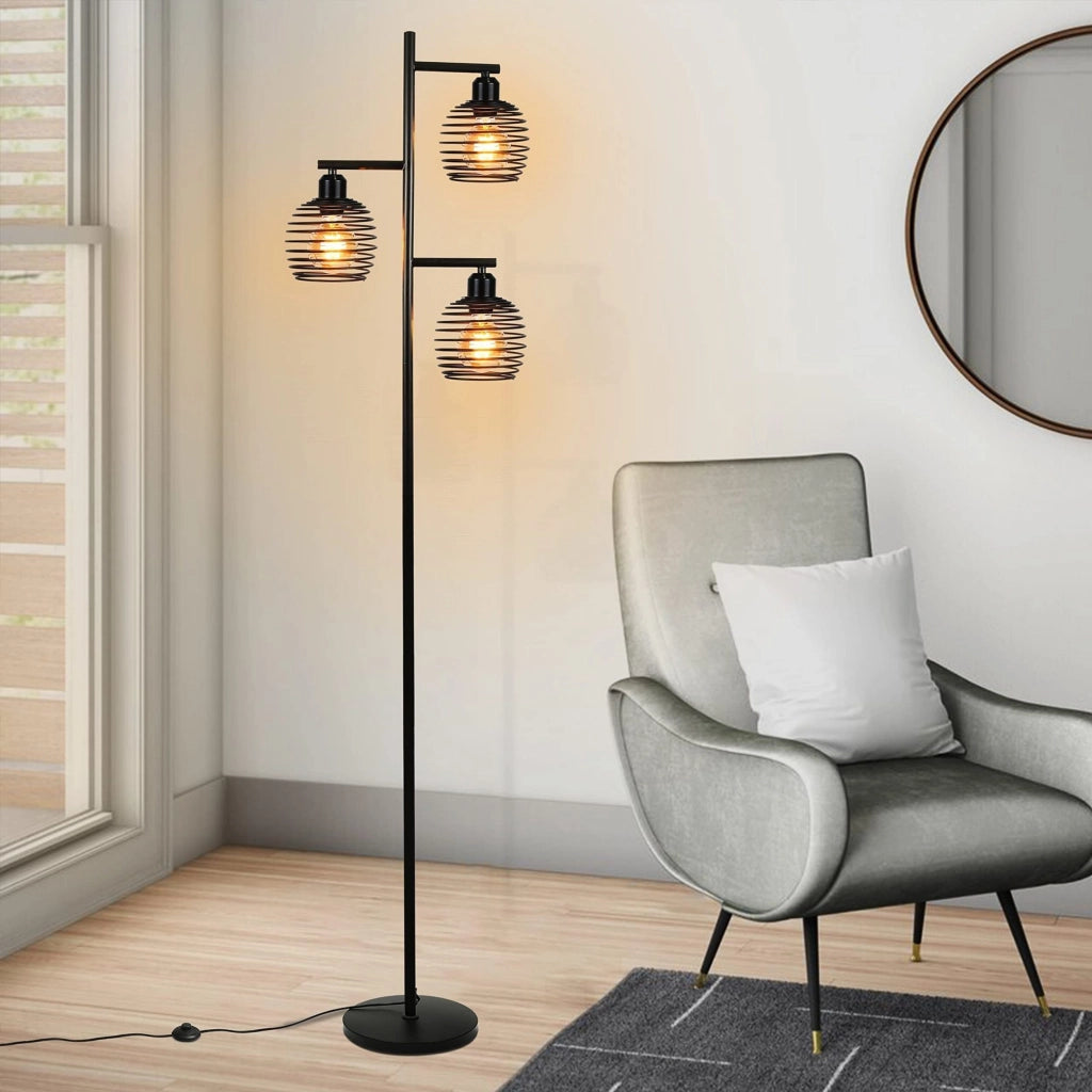 ZMH Lampada da terra vintage E27 nera tre luci interruttore a pedale soggiorno camera senza lampadine