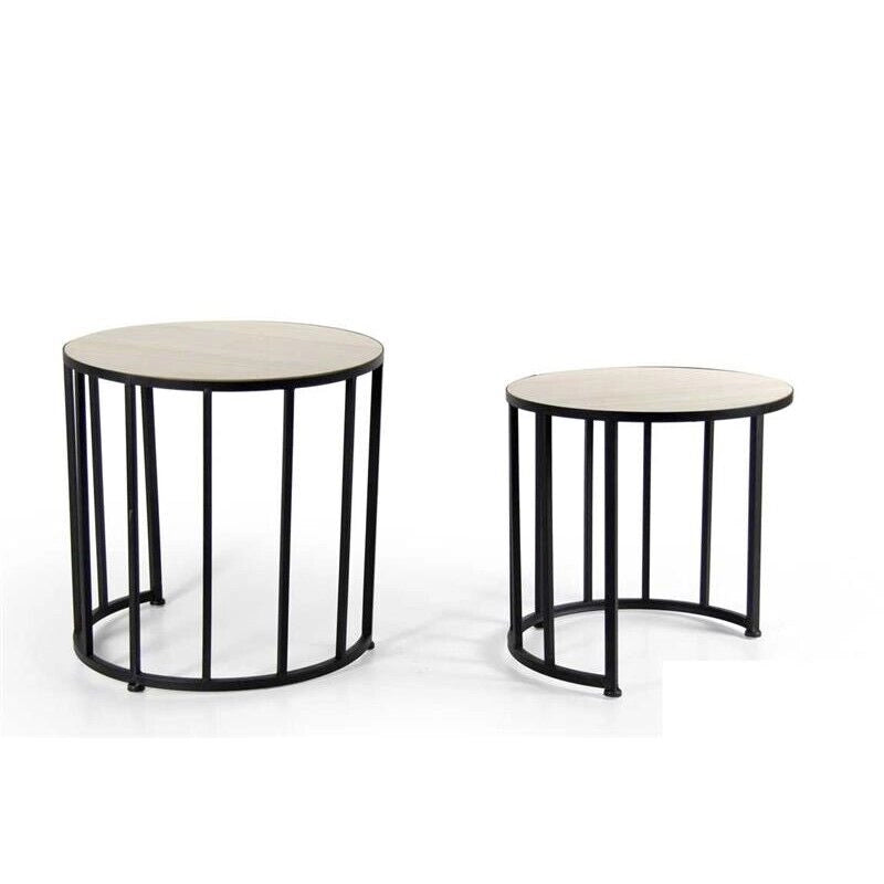 MEMPHIS SET 2 TAVOLINI TONDI IN METALLO NERO CON TOP LEGNO