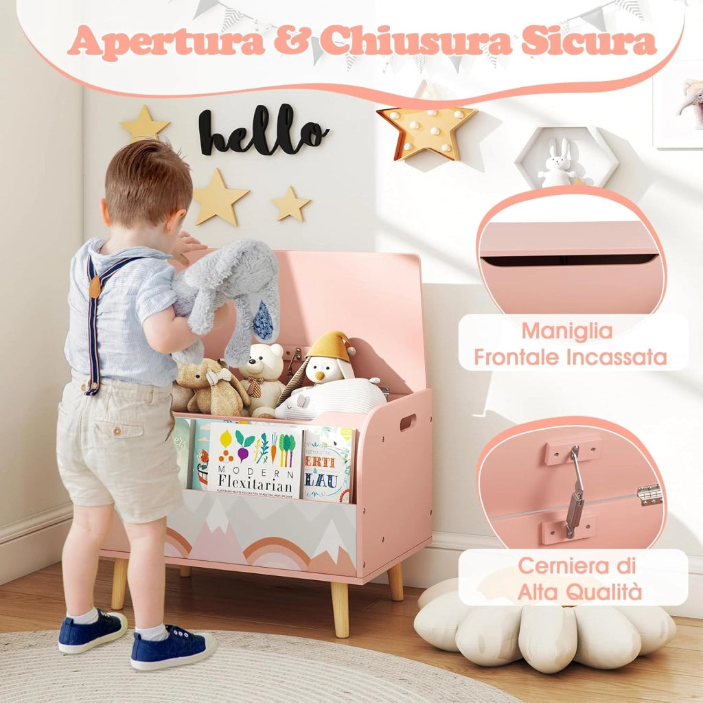 Cassapanca Portaoggetti per Bambini, con Libreria, Organizer per Giocattoli con 4 Gambe in Legno Massello e Coperchio Ribaltabile, per Sala Giochi e Asilo, 60x40x43 cm (Rosa)