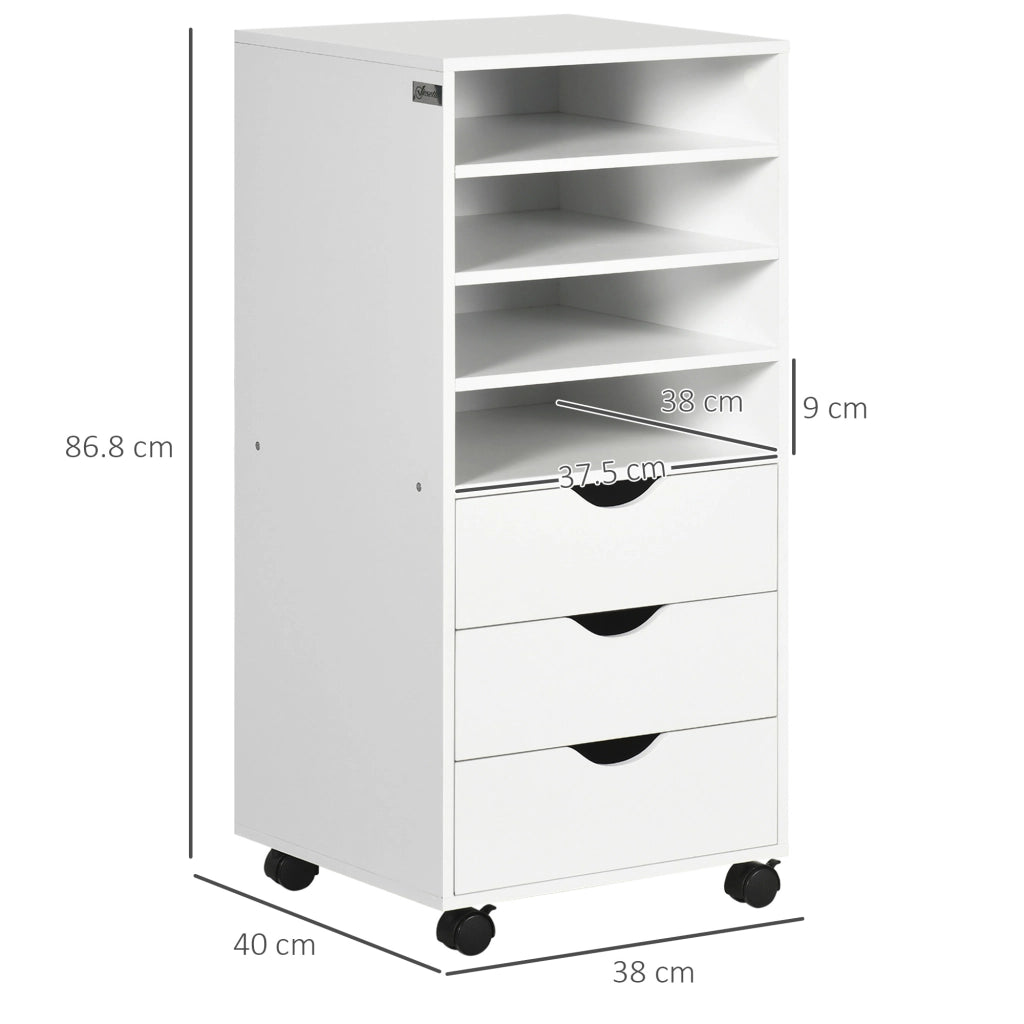 Cassettiera da Ufficio con 4 Ruote 3 Cassetti 4 Ripiani ¨C Minimal ¨C Bianco Legno
