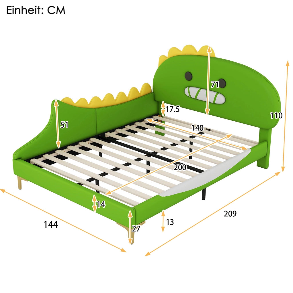 Letto per bambini 140x200 cm a forma di dinosauro; PU verde