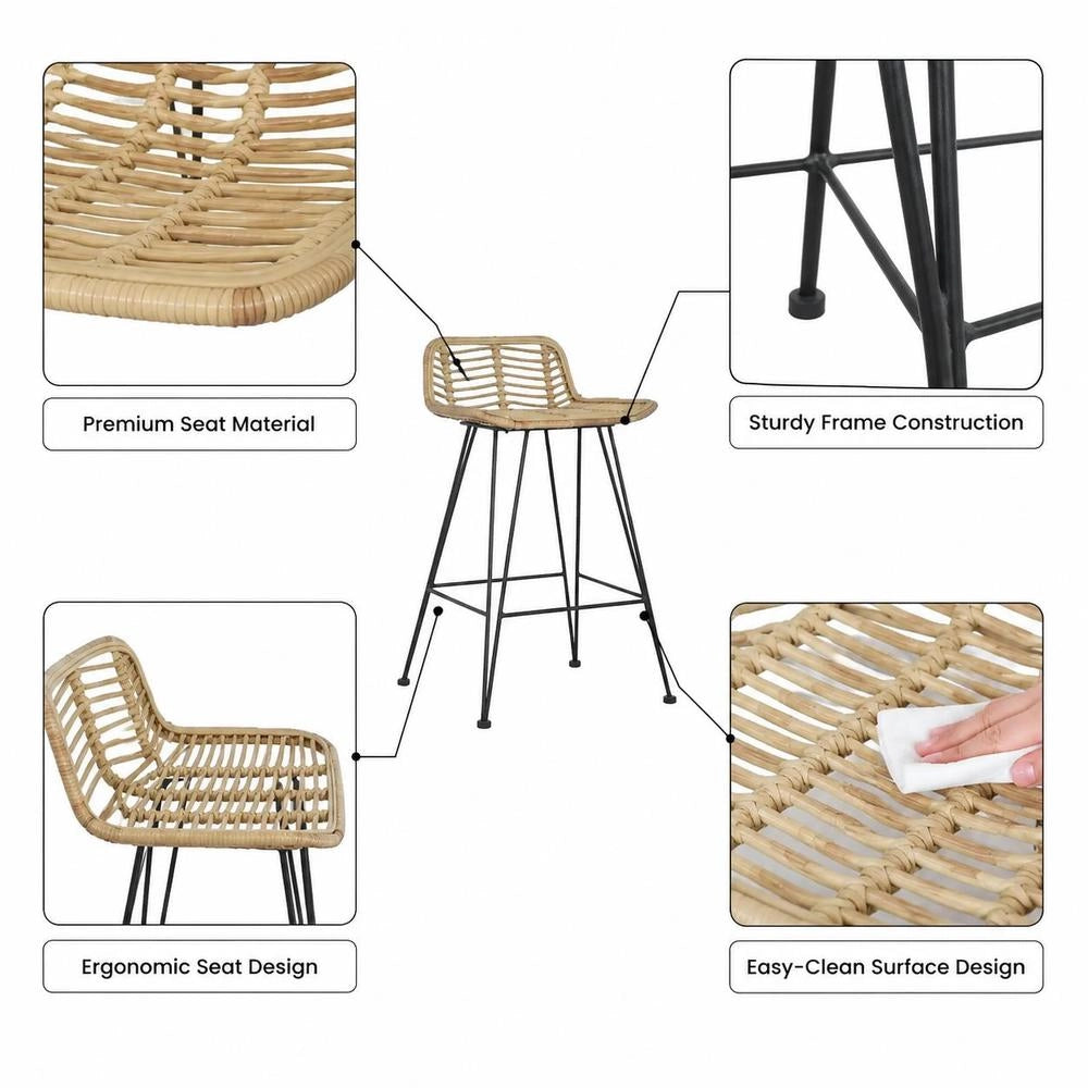 Bar Stools, 2 Pieces, Rattan, Natural