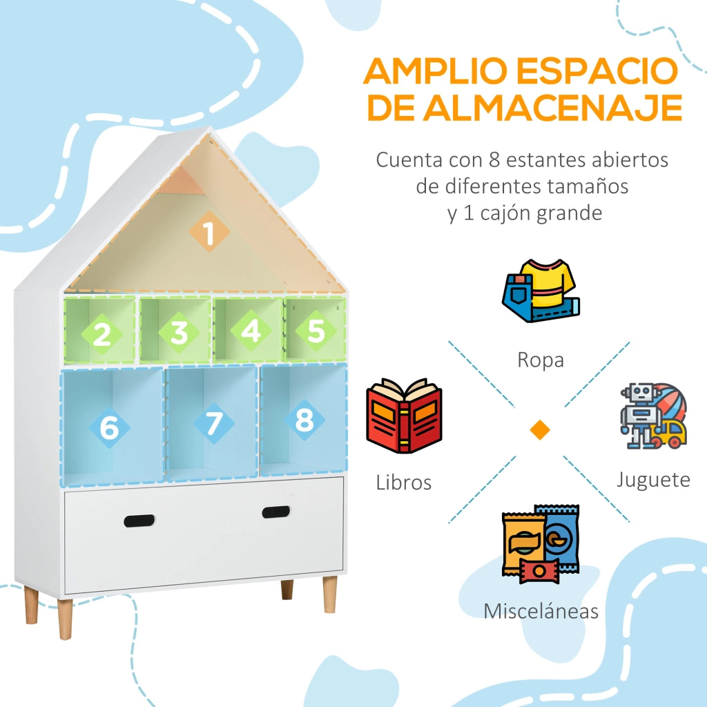 Libreria per Bambini a Forma di Casa in Legno ¨C zephmum ¨C 8 Ripiani Aperti con Cassetto, Bianco, 82x30x126 cm