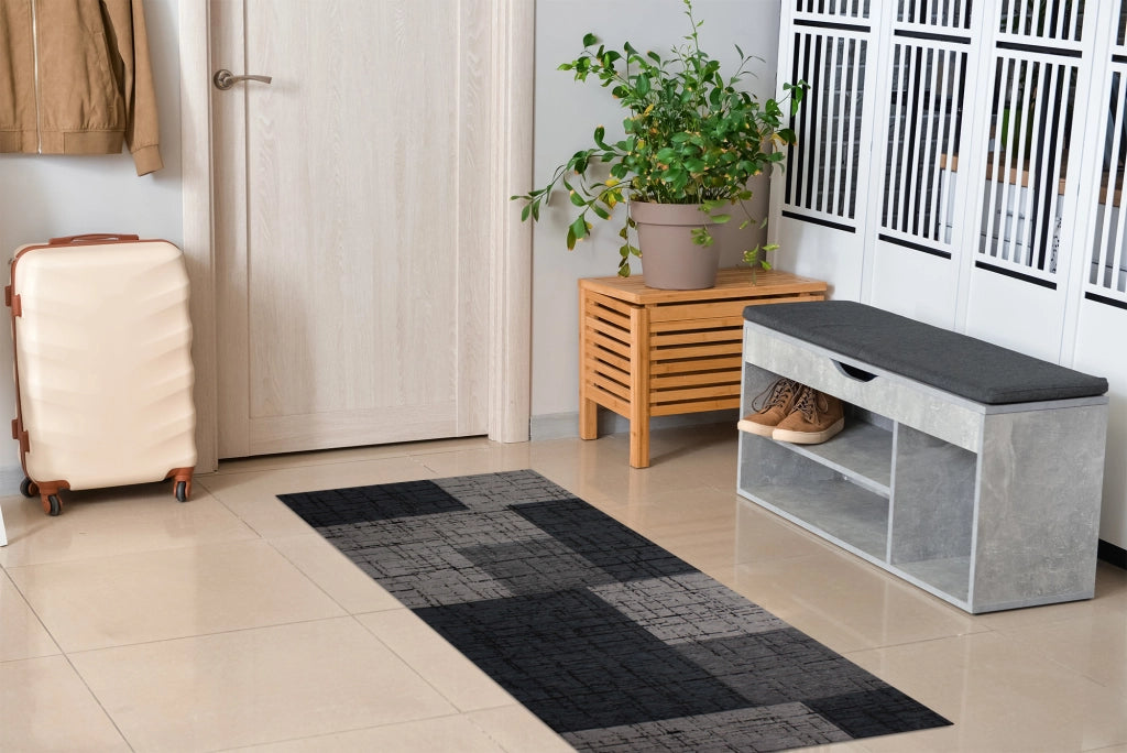 Tappeto Arredo Moderno Morbido in Ciniglia Ingresso Antiscivolo Prodotto Italiano  Soggiorno Camera Salotto Disegni Piazzati Cotone Varie Misure Grande Mondrian/Antracite - 80x150 cm
