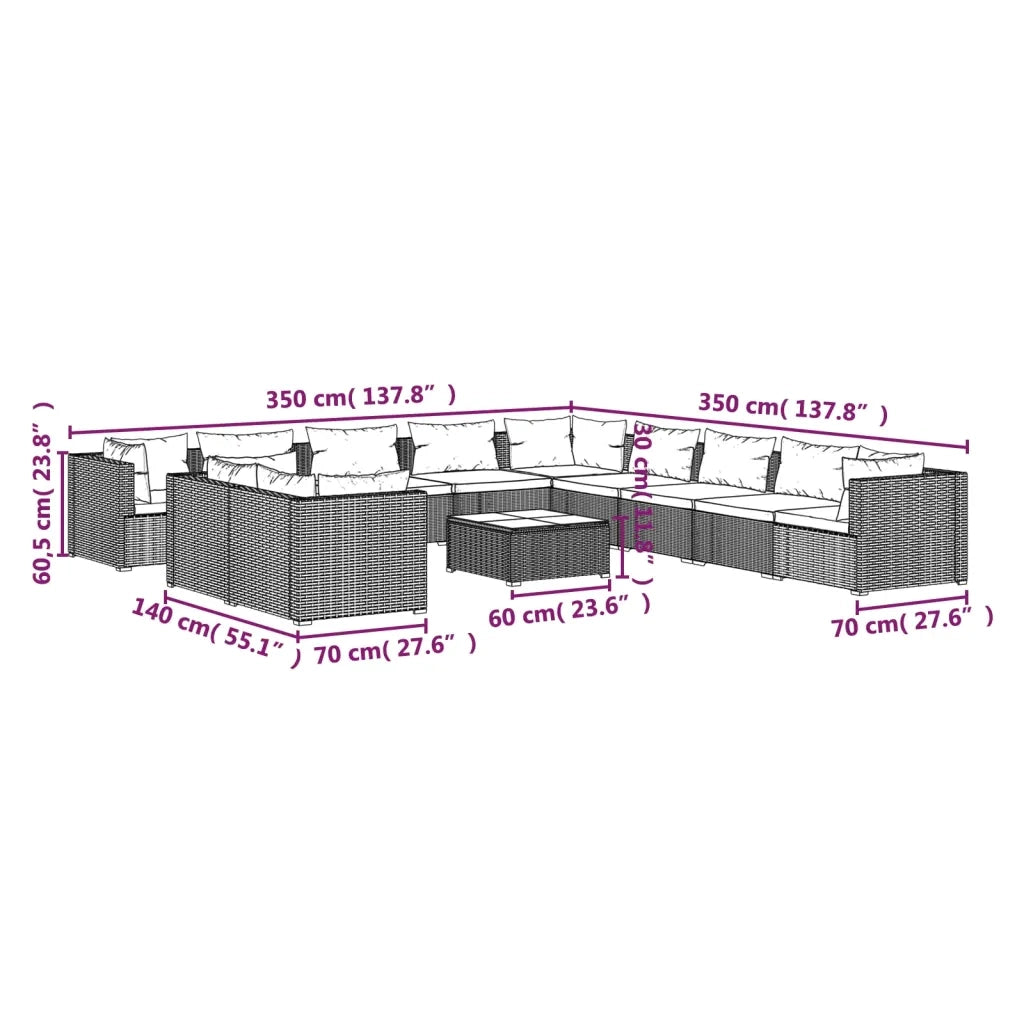 Set Divani da Giardino 12 pz con Cuscini in Polyrattan Nero cod mxl 34620