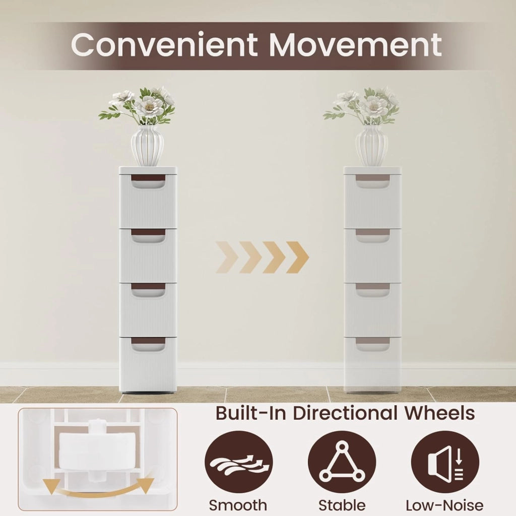 Mobiletto Stretto con Ruote, Carrello e Organizzatore Slim con 3/4/5/6 Cassetti per Spazi Piccoli, Cassettiera di Plastica per Soggiorno, Bagno, Cucina, Bianco (42 x 19 x 74 cm)