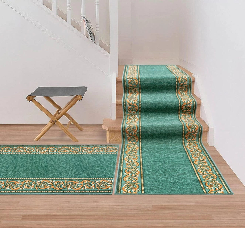 Passatoia Scala Bordata 67x900 cm Ingresso Corridoio Tappeto Cucina Gradini Stile Barocco Verde