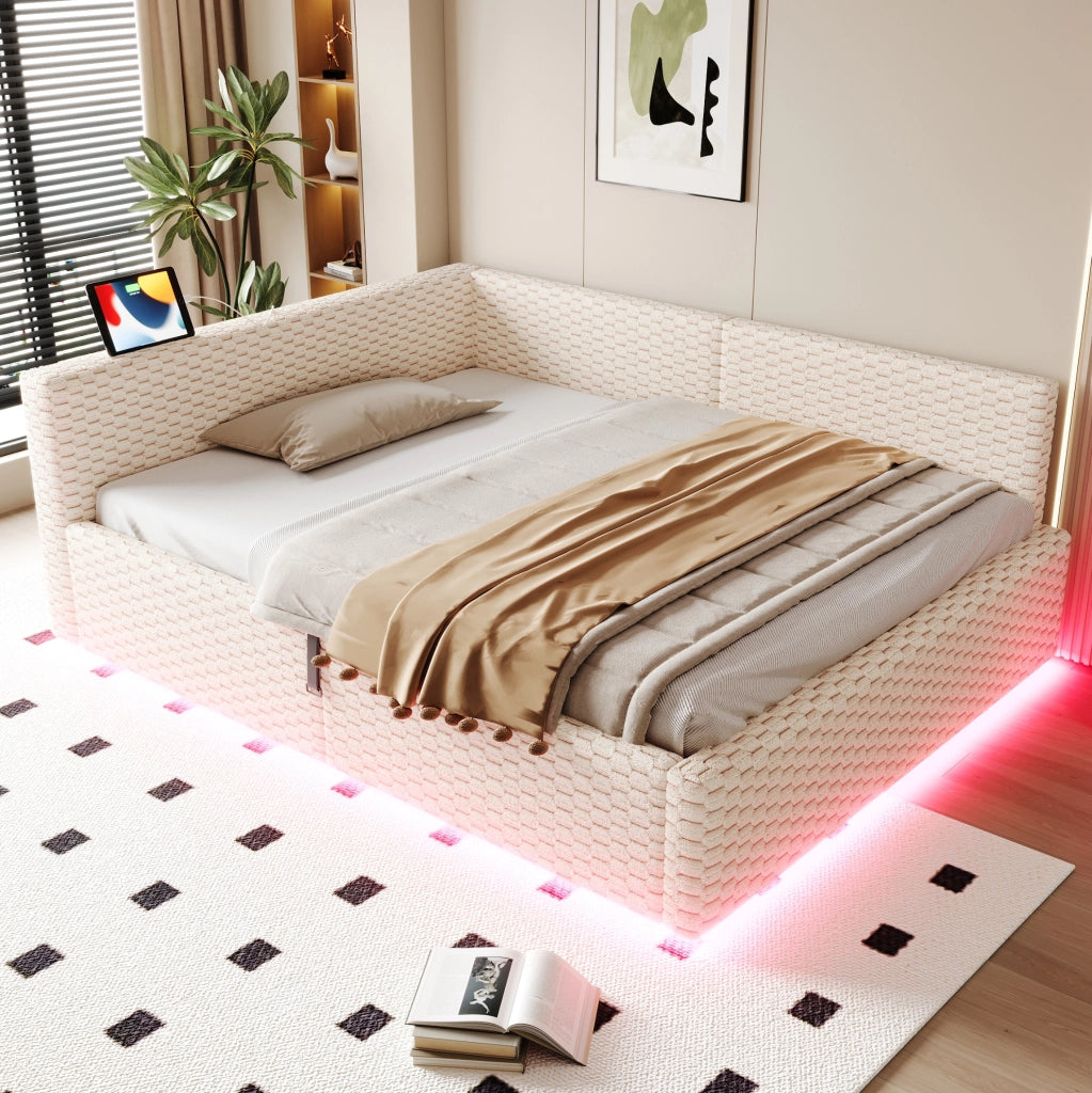 Letto imbottito ULEVR 140x200 cm con contenitore idraulico, LED, 2 USB e Type-C, velluto beige