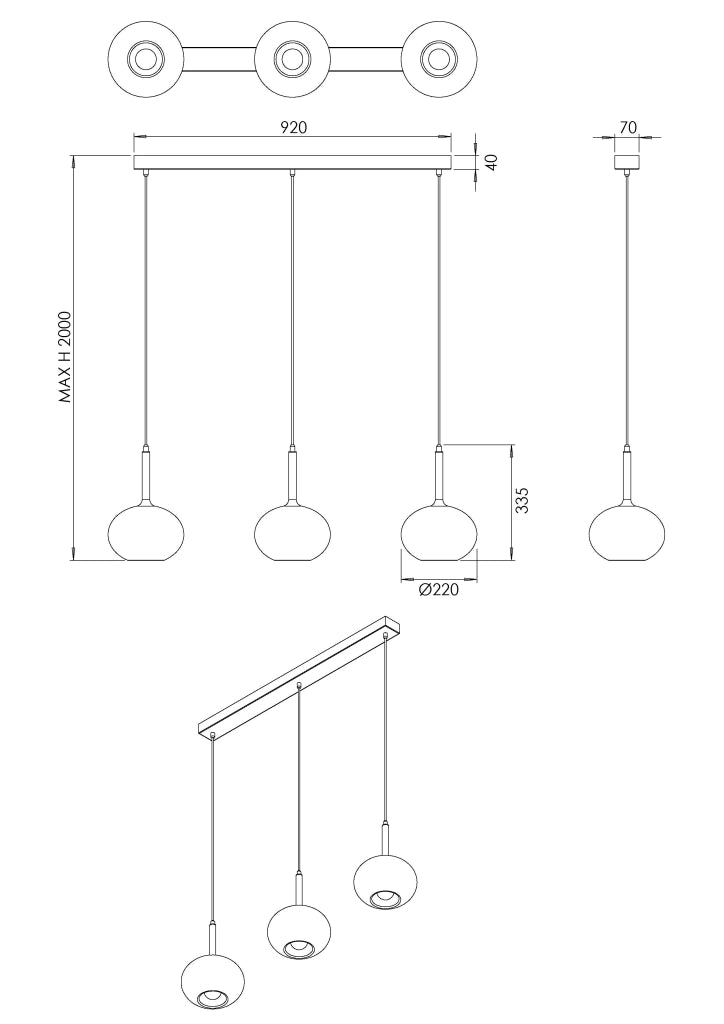 Lampada a Sospensione Edolo in Metallo e Vetro Borosilicato Colore Ambra, 3x E27 40W, IP20, Design Elegante per Interni - Edolo