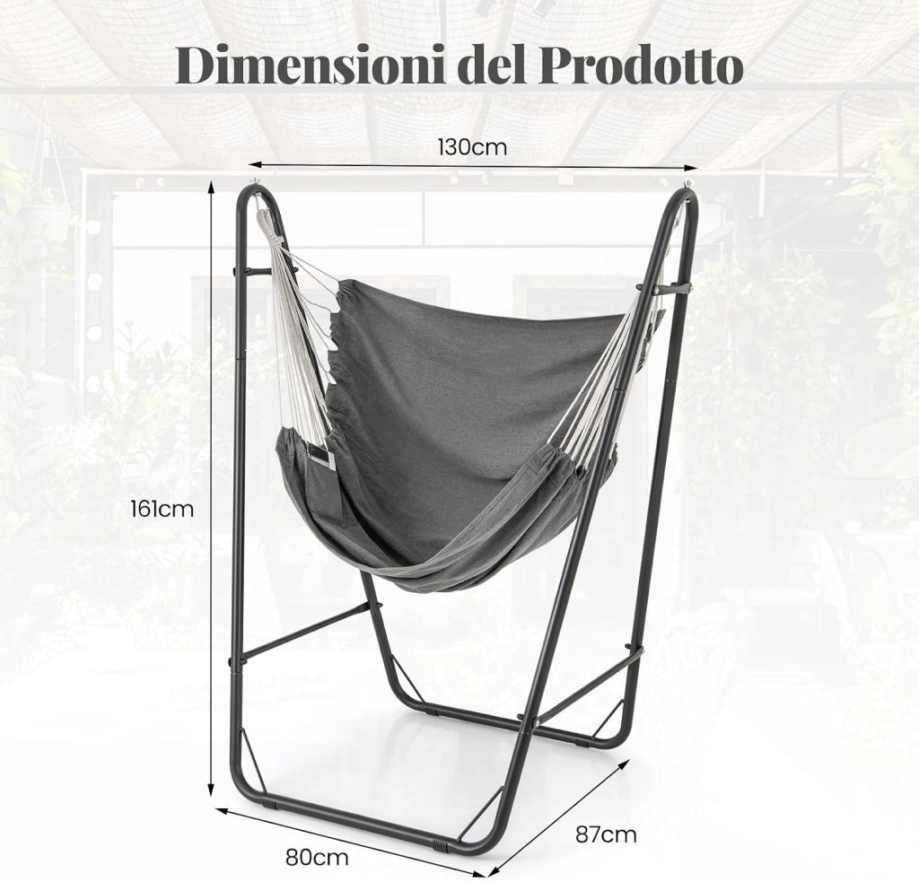 Sedia Sospesa con Supporto in Metallo, con Tasca Laterale | Poltrona a Dondolo Sospesa, Ganci e Piedini Antiscovolo, Sedia Amaca con Telaio per Interno ed Esterno, Portata 120 kg