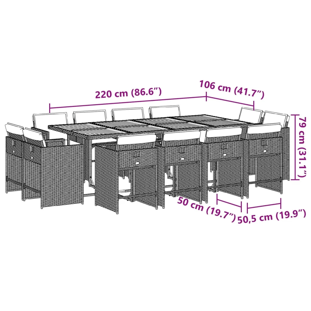 Set da Pranzo da Giardino 13pz con Cuscini Grigio in Polyrattan