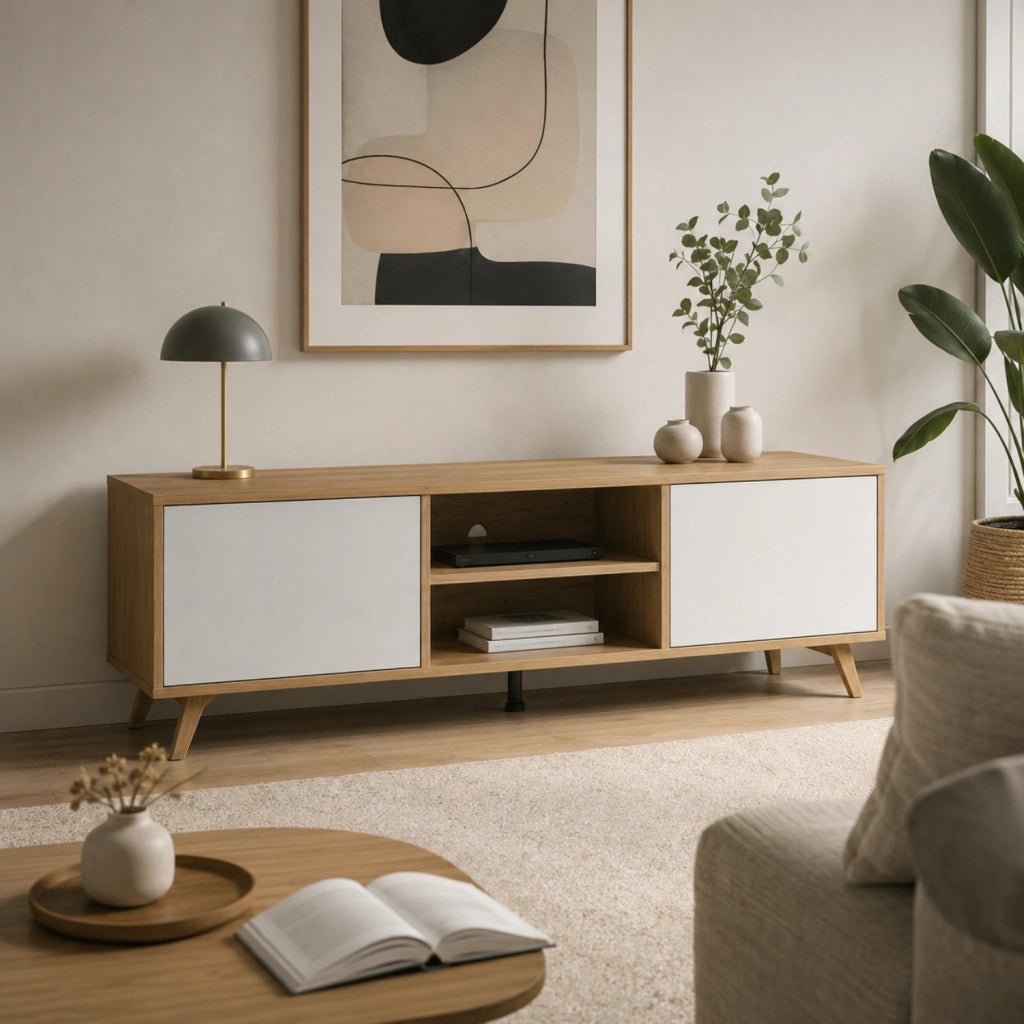 Mobile TV Contemporaneo Con 2 Ante Battenti Ripiani Centrali Aperti Gambe Design Scandinavo Per Televisori Fino A 75 Pollici 180 X 39,6 X 49 Cm Bianco E Rovere