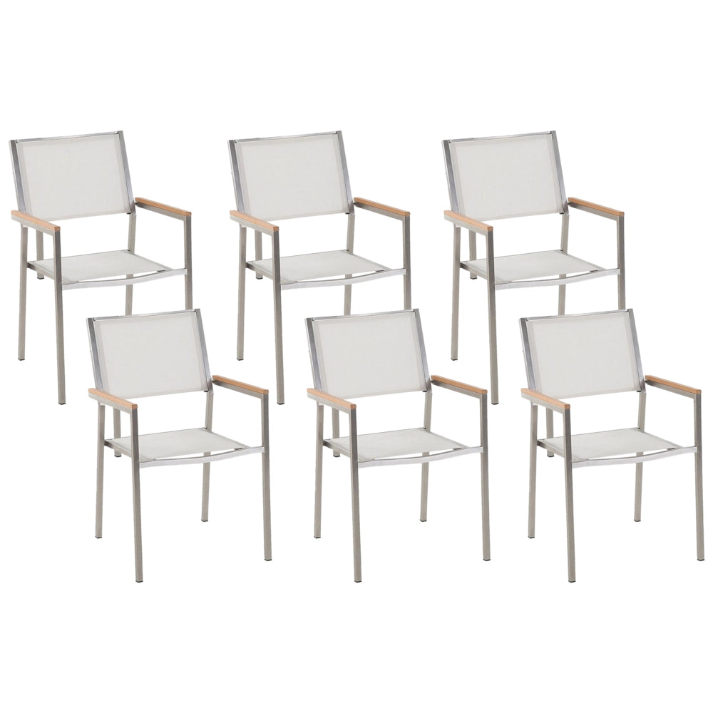 Set di 6 Sedie da Pranzo da Giardino Seduta in Tessuto Bianco e Argento Gambe in Acciaio Inox Impilabili per Esterno