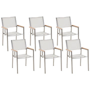 Set di 6 Sedie da Pranzo da Giardino Seduta in Tessuto Bianco e Argento Gambe in Acciaio Inox Impilabili per Esterno