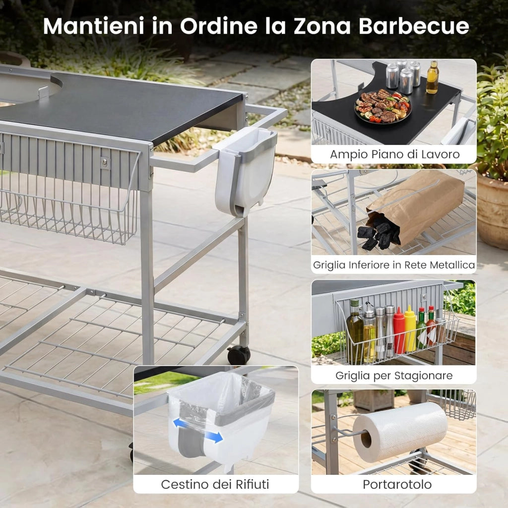 Carrello per Barbecue da Esterno, Tavolo Mobile per Barbecue con Ripiano a Rete, Porta Spezie, Portarotolo e Supporto per Sacchetti, Carrello da Cucina in Acciaio Inox, 141 x 62 x 80 cm