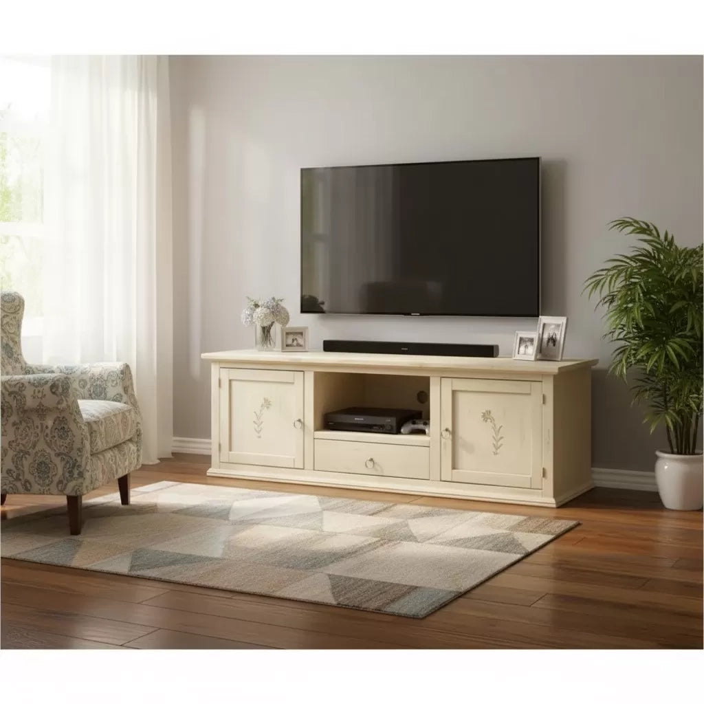 Porta tv 2 ante 1 cassetto legno shabby avorio anticato decori 160x46x56 - Mobili 2G