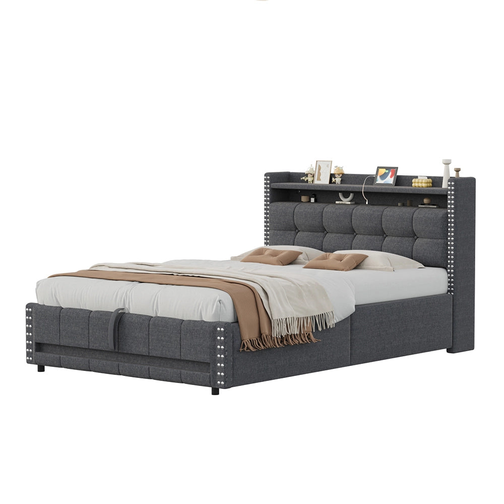 Letto imbottito con cassone - Xylo - 140x200cm - Grigio - Illuminazione LED e presa USB