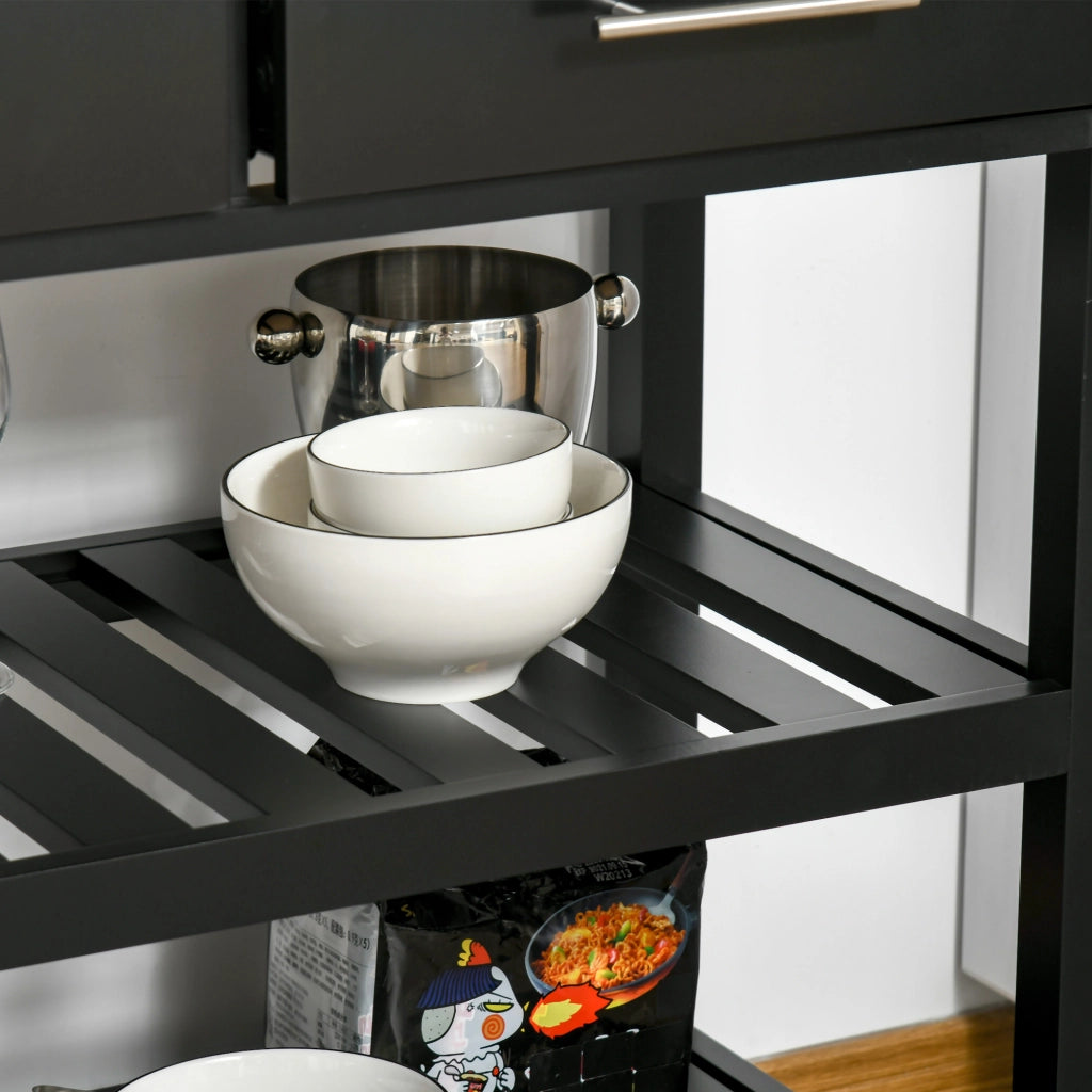 Carrello da cucina con ruote ¨C zephmum ¨C 2 ripiani, 2 cassetti, nero, legno naturale
