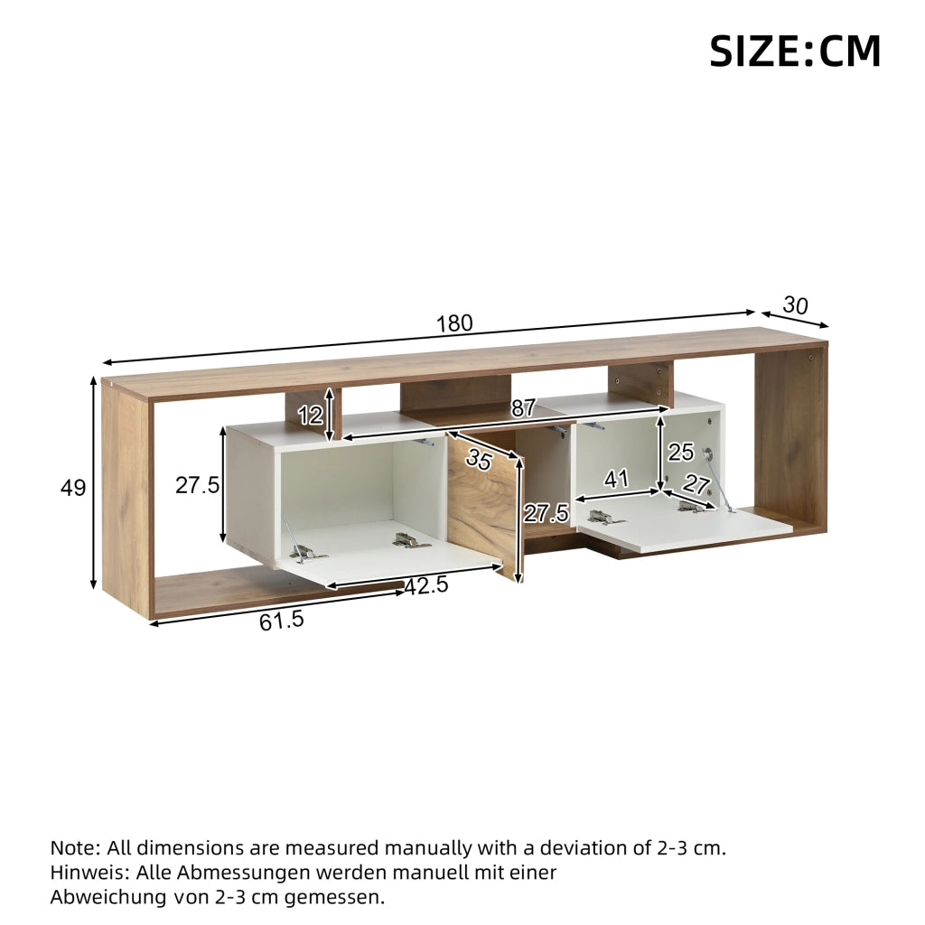 Mobile porta TV con 2 ante a ribalta, 1 anta e 3 vani aperti, per soggiorno, bianco e naturale 180 × 30 × 49 cm