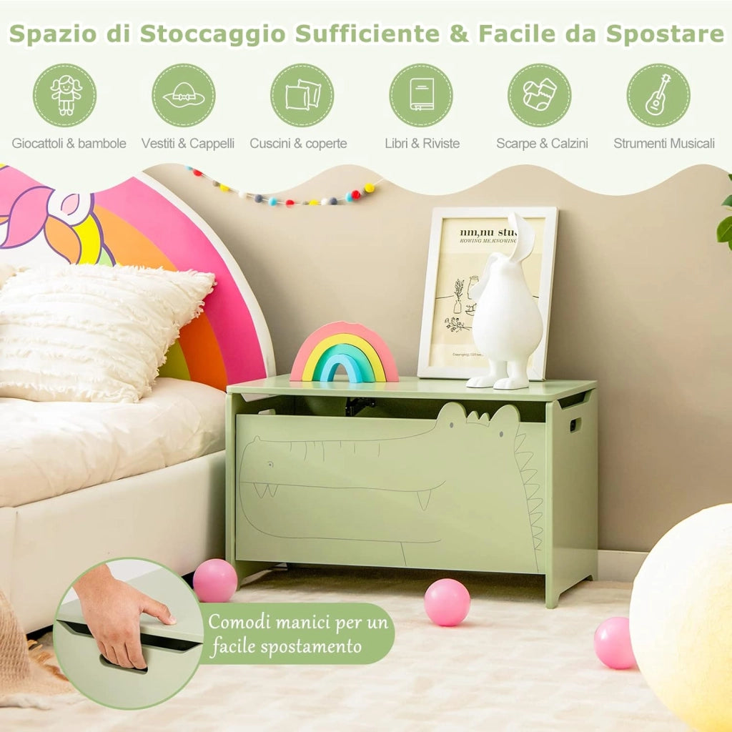 Cassapanca Contenitore per Bambini, Cassapanca Portagiochi in Legno con Coperchio Apribile, Baule Portagiocattoli per Cameretta dei Bambini, 60 x 33 x 37,5 cm, Bianco/Verde (Verde)