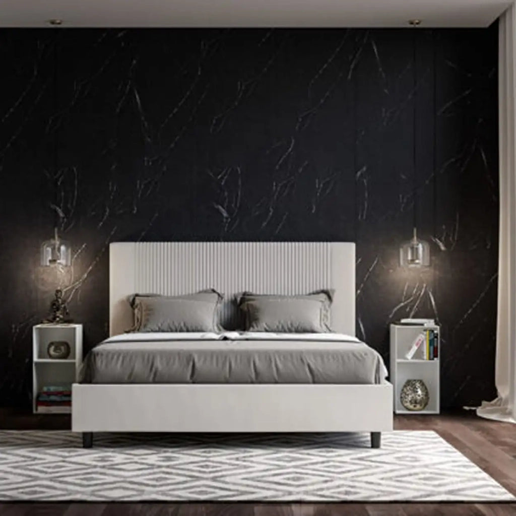 Letto matrimoniale con rete imbottito 160x200 similpelle bianco Goya