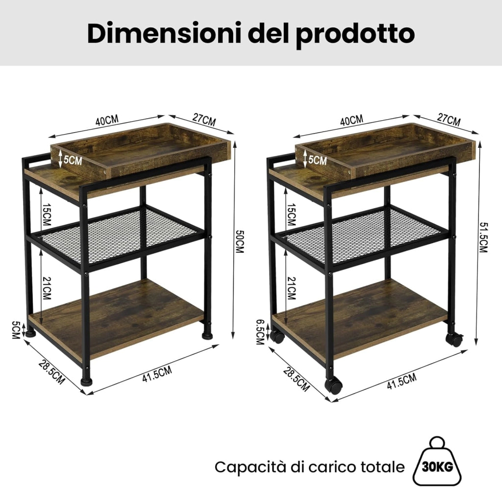 Tavolino da Salotto a 3 Ripiani, Tavolino Divano con Rotelle, Vassoio Rimovibile e Piedini, Mobiletto per Soggiorno, Camera da Letto, in Legno e Metallo, Legno Vintage e Telaio Nero