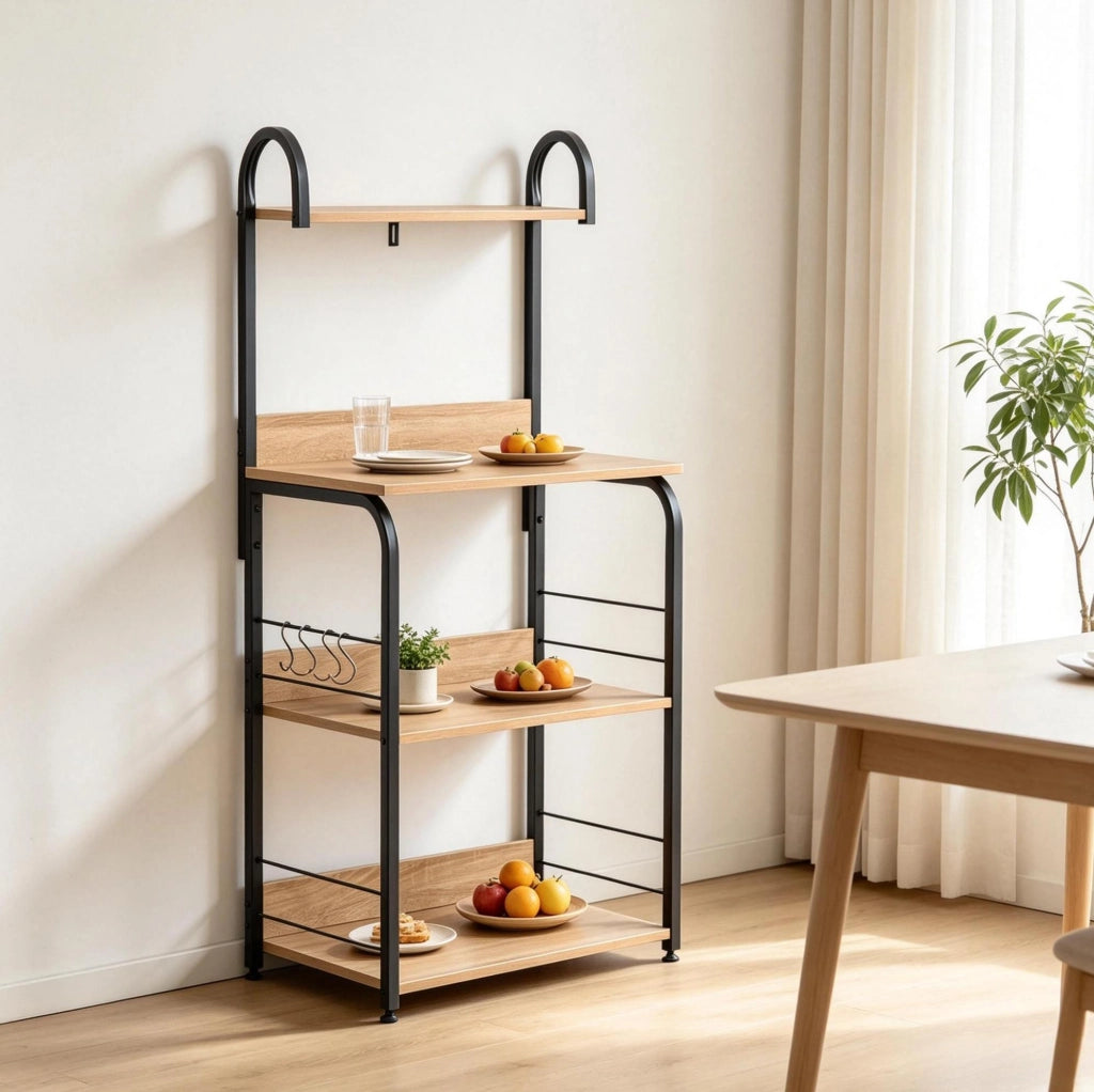 Scaffale da cucina a 4 livelli con ganci, nero e legno naturale