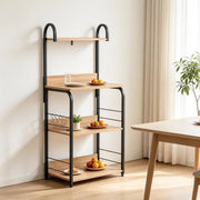 Scaffale da cucina a 4 livelli con ganci, nero e legno naturale