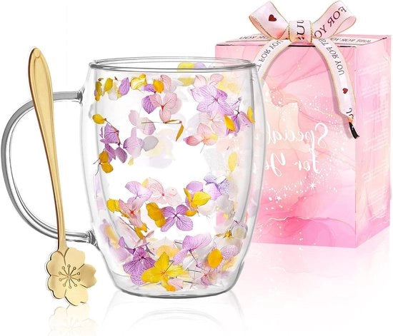 Mok dubbelwandig con maniglia, stampa fiorale estetica, isolato e termoresistente.