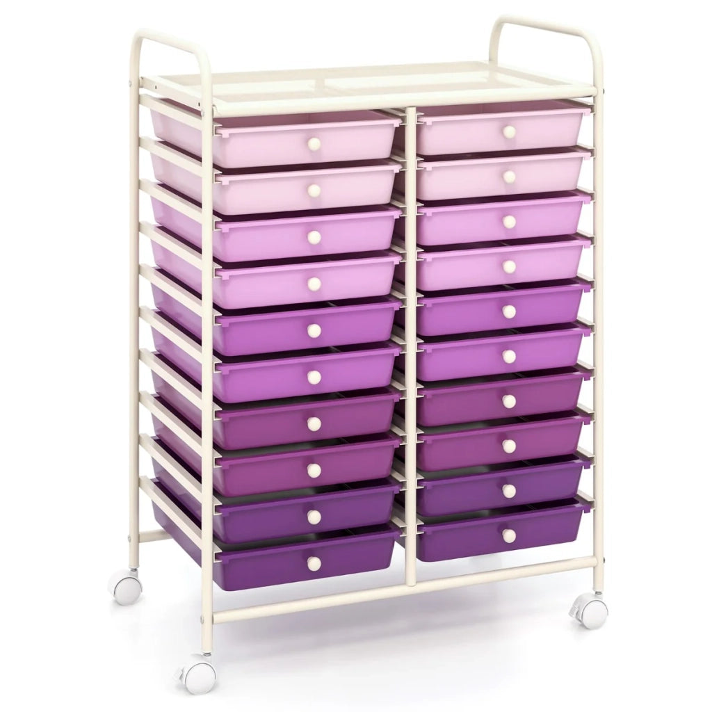Carrello portaoggetti mobile 63 x 37 x 87 cm con 20 cassetti colorati per ufficio e casa in metallo viola 20_0019420