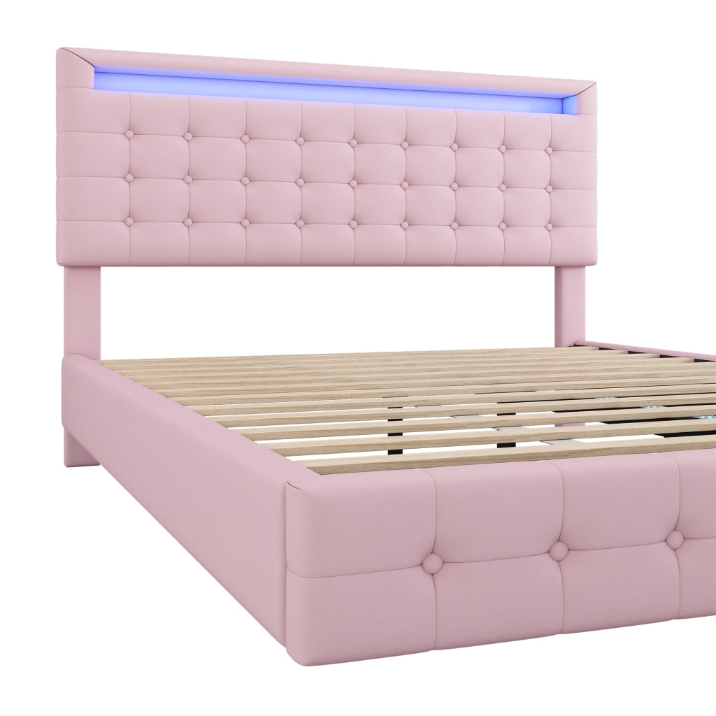 LETTO fluttuante 140x200 cm PU rosa con LED e testiera regolabile