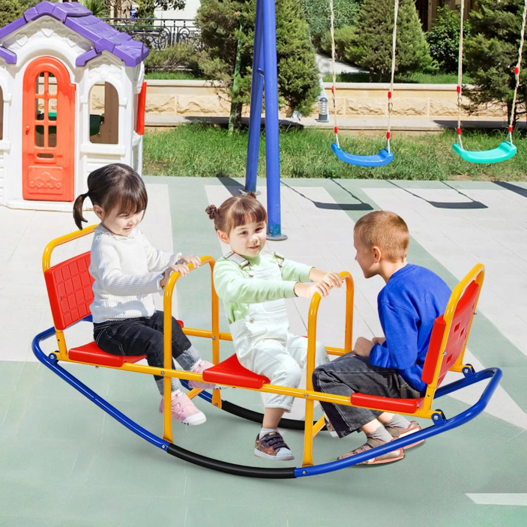 Altalena basculante oscillante di metallo con maniglie e 3 posti a sedere, Altalena saliscendi per bambini-Giochi su prato