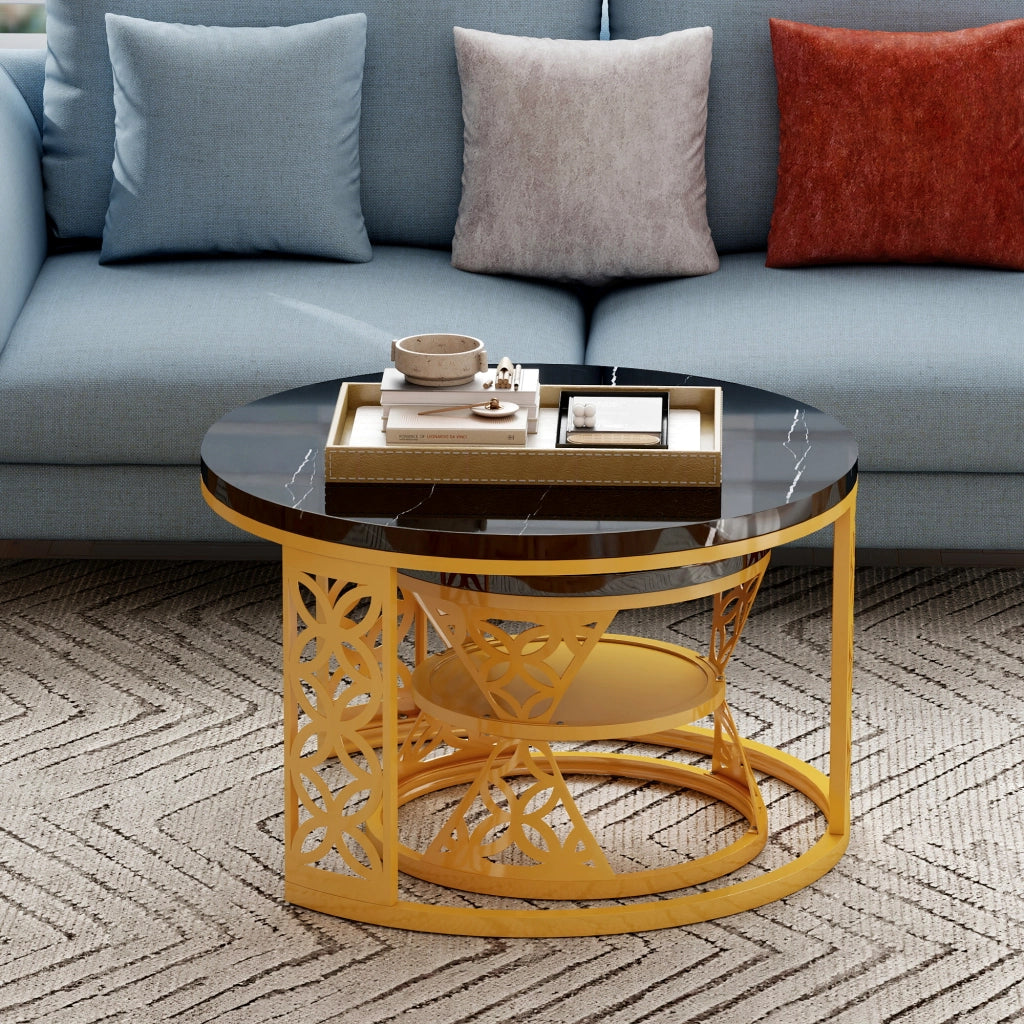 TAVOLINO DA CAFFÈ Set 2 Pezzi 70x70x45 cm Piano Nero Effetto Marmo con Struttura Color Oro