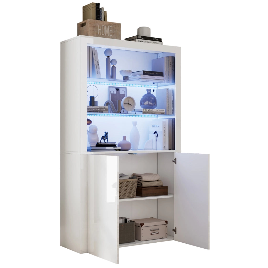 Vetrina LED 100x35x170 cm in MDF bianco con ripiani e vetro temperato