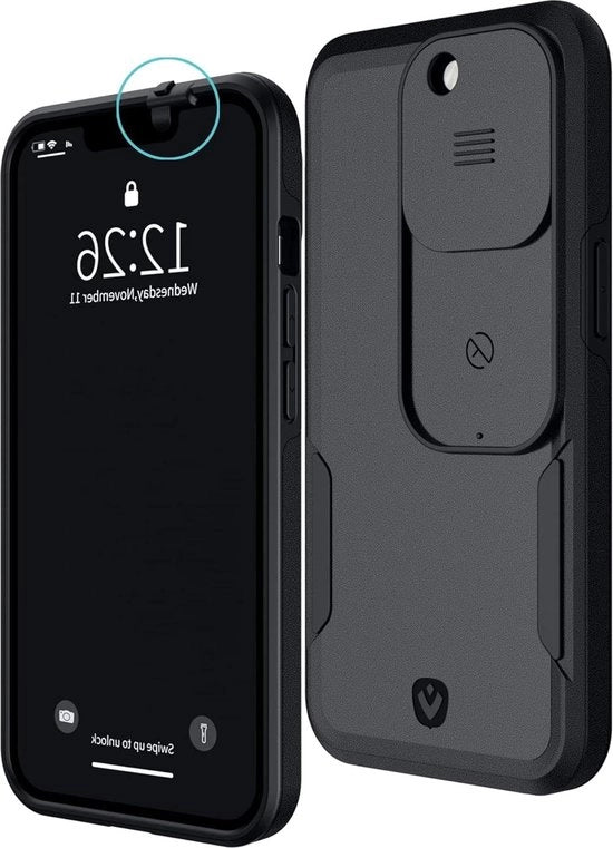 Hoes con copertura di telecamera a scorrimento per davanti e dietro per iPhone 13 Pro Max - Protezione della privacy - 2 metri di protezione contro cadute - Nero opaco