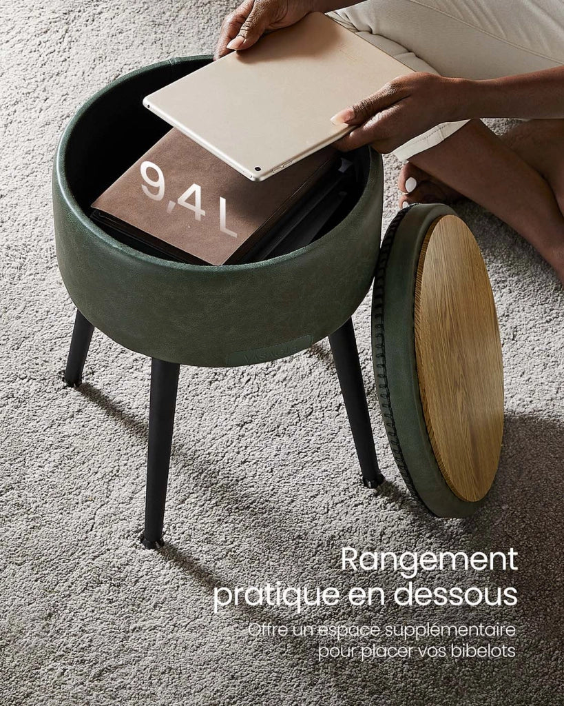 Pouf contenitore sgabello da toeletta in PU con cuciture moderno sgabello rotondo di metà secolo con gambe in acciaio capacità 150 kg verde 12_0005358